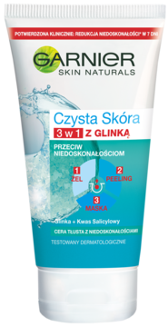 Garnier Czysta Skóra 3w1 żel-peeling-maska z glinką i kwasem salicylowym. Biała tubka na wprost dla cery tłustej.