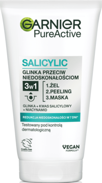 Biała tubka Garnier PureActive Salicylic 3w1, żel-peeling-maska do twarzy, widok z przodu.