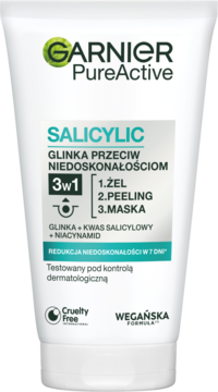 Biała tuba Garnier PureActive Salicylic 3w1 (żel, peeling, maska) przeciw niedoskonałościom, widok z przodu.