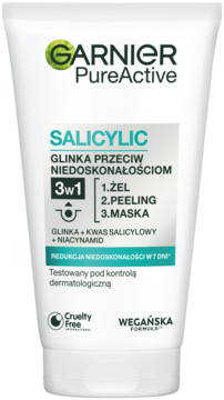 Biała tuba Garnier PureActive Salicylic 3w1: żel, peeling, maska z kwasem salicylowym i glinką, widok z przodu.