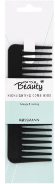 Czarny, szeroki grzebień For Your Beauty Rossmann do rozczesywania i pasemek, w białym opakowaniu, widok z przodu.