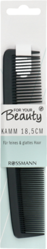 Czarny grzebień For Your Beauty 18,5 cm w opakowaniu Rossmann, do włosów cienkich i gładkich, widok z przodu.