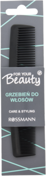 Mały, czarny grzebień do włosów w szarym opakowaniu z logo Rossmann i napisem FOR YOUR Beauty.
