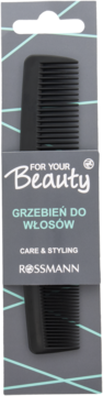 Mały, czarny grzebień do włosów w szarym opakowaniu z logo Rossmann i napisem FOR YOUR Beauty.