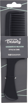 Czarny grzebień do włosów Rossmann w szarym opakowaniu, z napisem 'For Your Beauty Style & Care', widok z przodu.