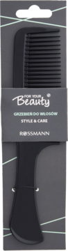Czarny grzebień do włosów Rossmann w szarym opakowaniu, z napisem 'For Your Beauty Style & Care', widok z przodu.