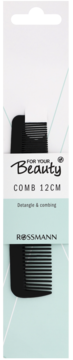 Czarny grzebień do włosów For Your Beauty Rossmann 12 cm, do rozczesywania, w opakowaniu, widok z przodu.