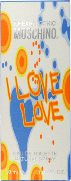 Opakowanie Moschino I Love Love EDT 30ml, białe z pomarańczowym napisem i niebiesko-pomarańczowymi kształtami.