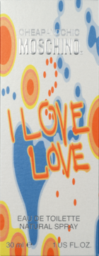 Moschino Cheap & Chic I Love Love EDT, białe pudełko z barwnym graffiti-wzorem, widok z przodu, 30 ml.