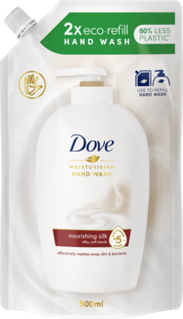 Biały zapas mydła Dove Nourishing Silk 500ml z zielonym paskiem „eco-refill”, widok z przodu.