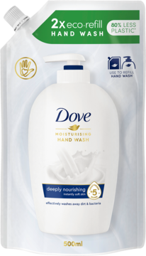 Biały zapas Dove Moisturising Hand Wash 500ml, eco-refill z zielonym nagłówkiem, 80% mniej plastiku.
