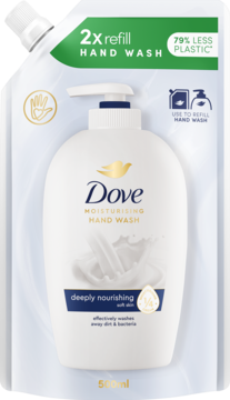 Dove Moisturising Hand Wash refill pouch 500ml, white with green top, showing pump bottle inside.
