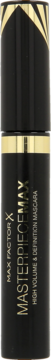 Czarny tusz do rzęs Max Factor Masterpiece Max, pionowa tubka ze złotymi detalami i napisem HIGH VOLUME & DEFINITION.