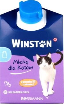 WINSTON Mleko dla kotów 200ml, niebiesko-fioletowy karton z kotem, witaminami i niebieskim korkiem, front.