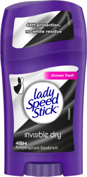 Fioletowy sztyft Lady Speed Stick Invisible Dry Antyperspirant, widok z przodu, 48h ochrona bez białych śladów.