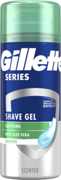 Żel do golenia Gillette Series Soothing z aloesem dla skóry wrażliwej, niebiesko-zielona puszka, widok przód.