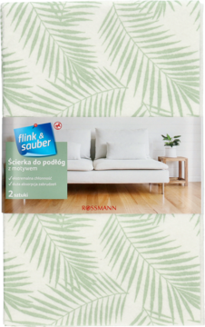 Białe opakowanie ścierek Flink & Sauber do podłóg z motywem palmowych liści, duża chłonność, widok z przodu.