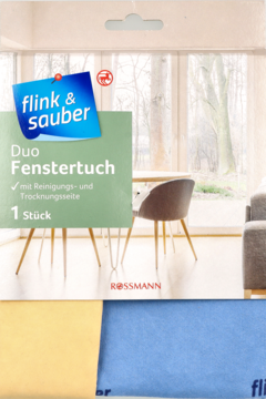 Opakowanie flink & sauber Duo Fenstertuch z żółtą i niebieską ściereczką z mikrofibry do okien, widok z przodu.