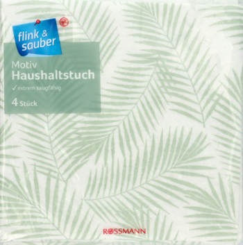 Ścierka domowa Flink & Sauber Rossmann, biała z zielonymi liśćmi palmowymi, widok z przodu.