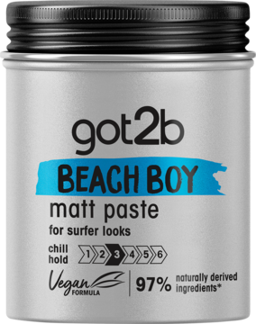 Srebrny słoik got2b Beach Boy matt paste, z niebieskim napisem i czarną zakrętką, widok z przodu.