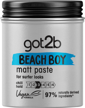 Srebrny słoik got2b Beach Boy matt paste, z niebieskim napisem i czarną zakrętką, widok z przodu.