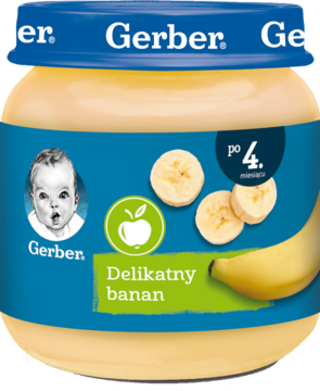 Gerber Delikatny banan deserek w słoiczku, niebieska etykieta z dzieckiem i pokrojonym bananem, widok przodu.