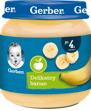 Gerber Delikatny banan deserek w słoiczku, niebieska etykieta z dzieckiem i pokrojonym bananem, widok przodu.