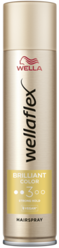 Złoty lakier do włosów Wellaflex Brilliant Color, mocne utrwalenie 3, z ochroną koloru. Widok z przodu.