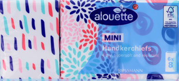 Front opakowania chusteczek alouette MINI Handkerchiefs, niebieskie z różowo-niebieskim wzorem.