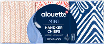 Alouette Mini chusteczki higieniczne 4-warstwowe, miękkie i wytrzymałe. Opakowanie, beż, czerwień, niebieski wzór.
