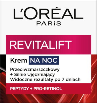 L'Oréal Revitalift Krem na Noc, przeciwzmarszczkowy, ujędrniający. Z Peptydami + Pro-Retinolem. Białe opakowanie, front.