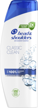 Biała butelka szamponu Head & Shoulders Classic Clean z niebieskim korkiem, widok z przodu, z etykietą Microbiome Balance.