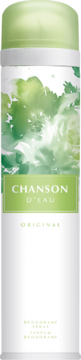 Biały dezodorant Chanson d'Eau Original w puszce z zielonymi wzorami i zielonym napisem na etykiecie, widok z przodu.