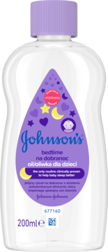 Johnson's Bedtime Baby Oil 200ml w przezroczystej butelce z fioletową etykietą i gwiazdkami, widok z przodu.