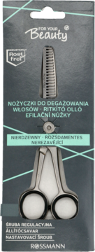 Opakowanie Rossmann For Your Beauty z nierdzewnymi degażówkami do włosów, widok z przodu, z regulacją.