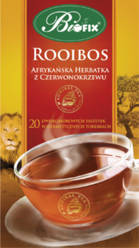 Biofix Rooibos herbata, czerwona paczka z lwem i kubkiem, bezkofeinowa, widok z przodu.
