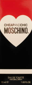 Moschino Cheap & Chic, czerwono-czarna woda toaletowa 30ml, z beżowym sercem i napisem Moschino.