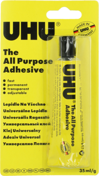 Yellow UHU The All Purpose Adhesive glue in blister pack, 35ml, front view, fast, permanent, transparent.