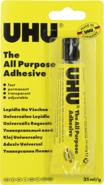 Yellow UHU The All Purpose Adhesive glue in blister pack, 35ml, front view, fast, permanent, transparent.