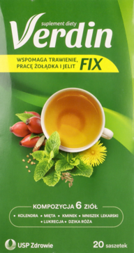 Zielone opakowanie Verdin FIX, suplementu na trawienie i jelita, z filiżanką herbaty i ziół, 20 saszetek.