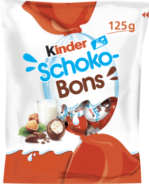Biała torebka Kinder Schoko-Bons 125g, czekoladki z mlecznej czekolady z mlecznym nadzieniem i orzechami, widok z przodu.