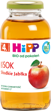 HiPP BIO Sok Słodkie Jabłka po 4 miesiącu, butelka z żółtym sokiem, biała etykieta z jabłkiem, przód.