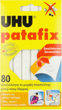 Żółte pudełko UHU Patafix, 80 białych, wielorazowych plastrów klejących w formie masy, widok z przodu.
