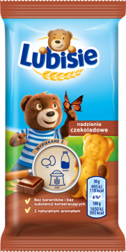 Front opakowania Lubisie ciastka biszkoptowe z nadzieniem czekoladowym, brązowo-niebieskie, z misiem i składnikami.