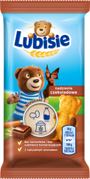 Front opakowania Lubisie ciastka biszkoptowe z nadzieniem czekoladowym, brązowo-niebieskie, z misiem i składnikami.