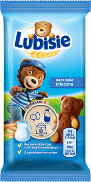 Front view of blue Lubisie bear biscuits pack with cycling bear, milk filling, natural flavors, no preservatives.