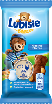 Front view of blue Lubisie bear biscuits pack with cycling bear, milk filling, natural flavors, no preservatives.