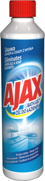 Biała butelka Ajax Bath Gel z czerwoną zakrętką, niebieską etykietą i napisem "Eliminates Limescale & Soap Sediments", widok z przodu.