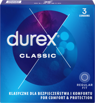 Niebieskie pudełko Durex Classic prezerwatywy 3 sztuki, widok z przodu, z białym logo i napisem 'FOR COMFORT & PROTECTION'.