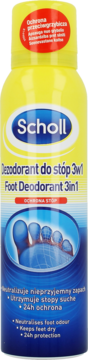 Scholl dezodorant do stóp 3w1 w żółtej puszce, z niebieską etykietą i grafiką stopy, widok z przodu.